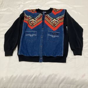 Hanes Southwest Aztec Jacket Denim & Fleece USA Vintage VTG 80s USA Women's L